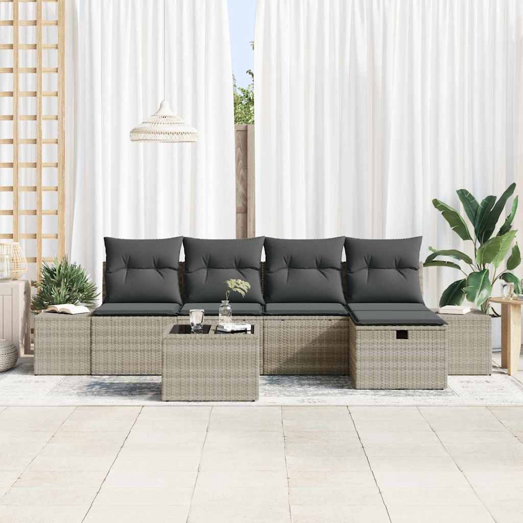 Garten-Sofa-Set mit Kissen 6 pcs Hellgrau Poly Rattan